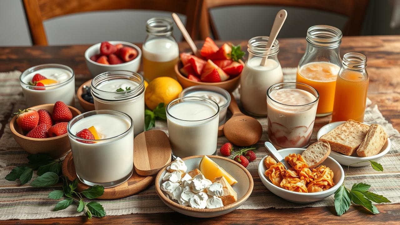 Mesa rústica com variedade de alimentos fermentados como iogurte, kefir, chucrute e kombucha.