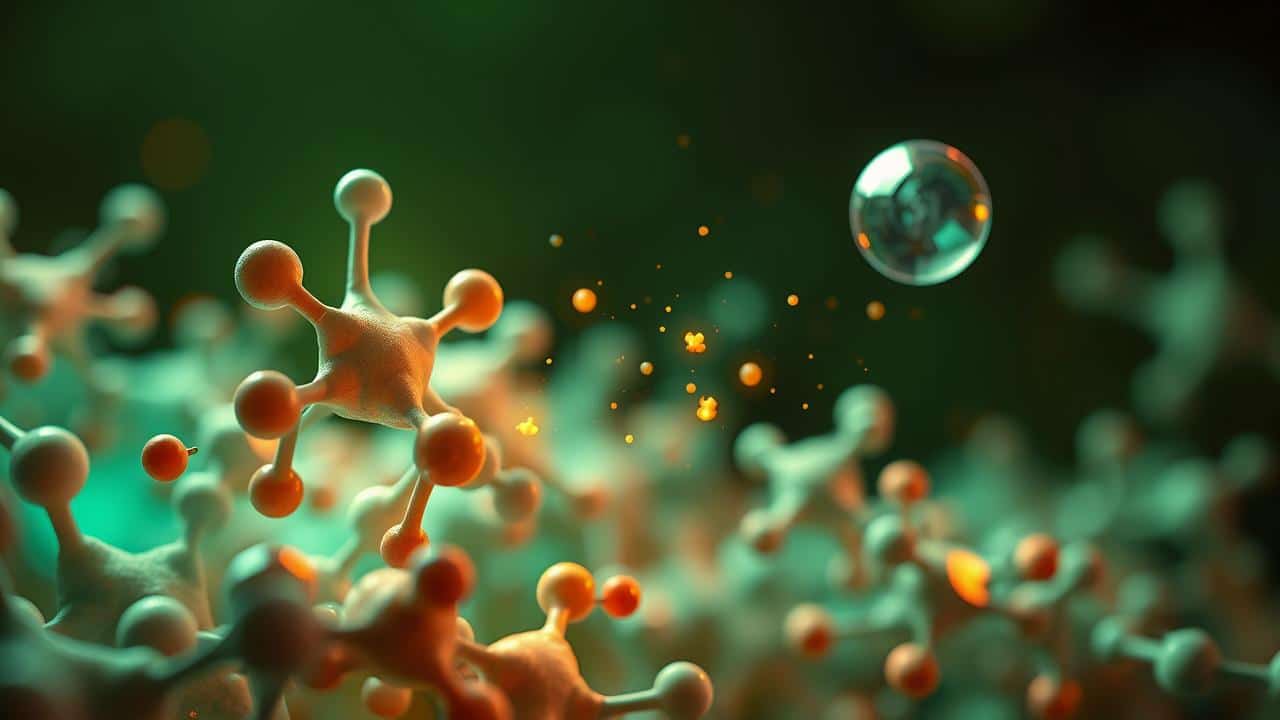Moléculas de biomarcadores emitindo sinais luminosos sendo detectadas por tecnologia avançada em ambiente celular.