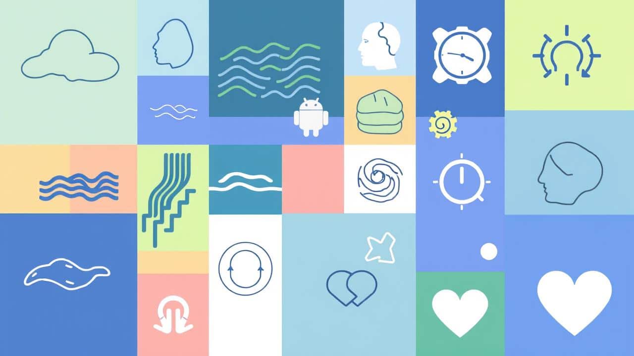 Mosaico de ícones minimalistas representando condições tratáveis pela TRG: ansiedade, depressão, trauma, fobias, comportamentos compulsivos e crises de pânico.