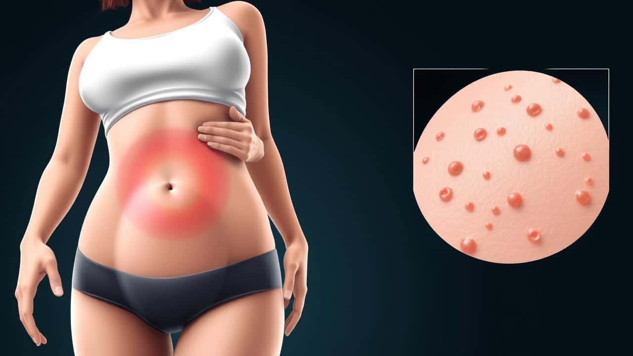 Pessoa com dor abdominal e detalhe de xantomas, indicando triglicerídeos altos.
