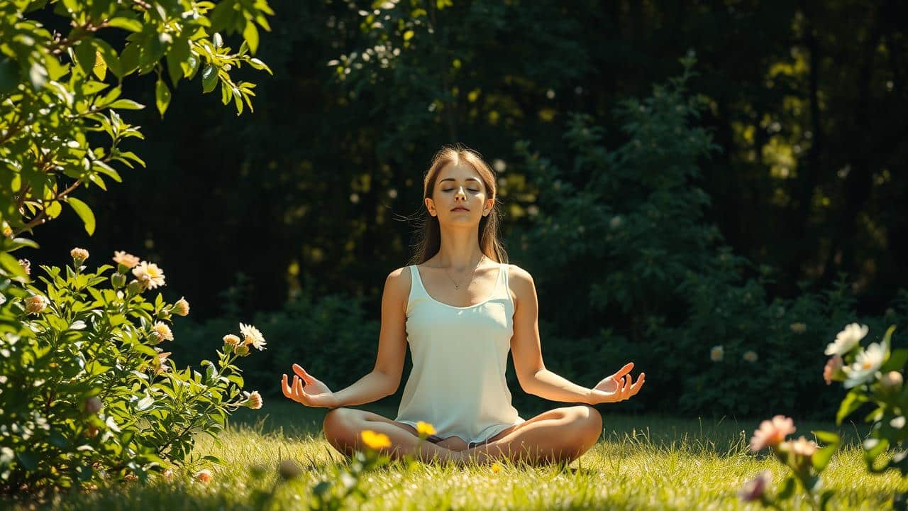 Pessoa em meditação serena em um jardim, simbolizando o 'Aqui e Agora' e a autoconsciência na Gestalt-Terapia.