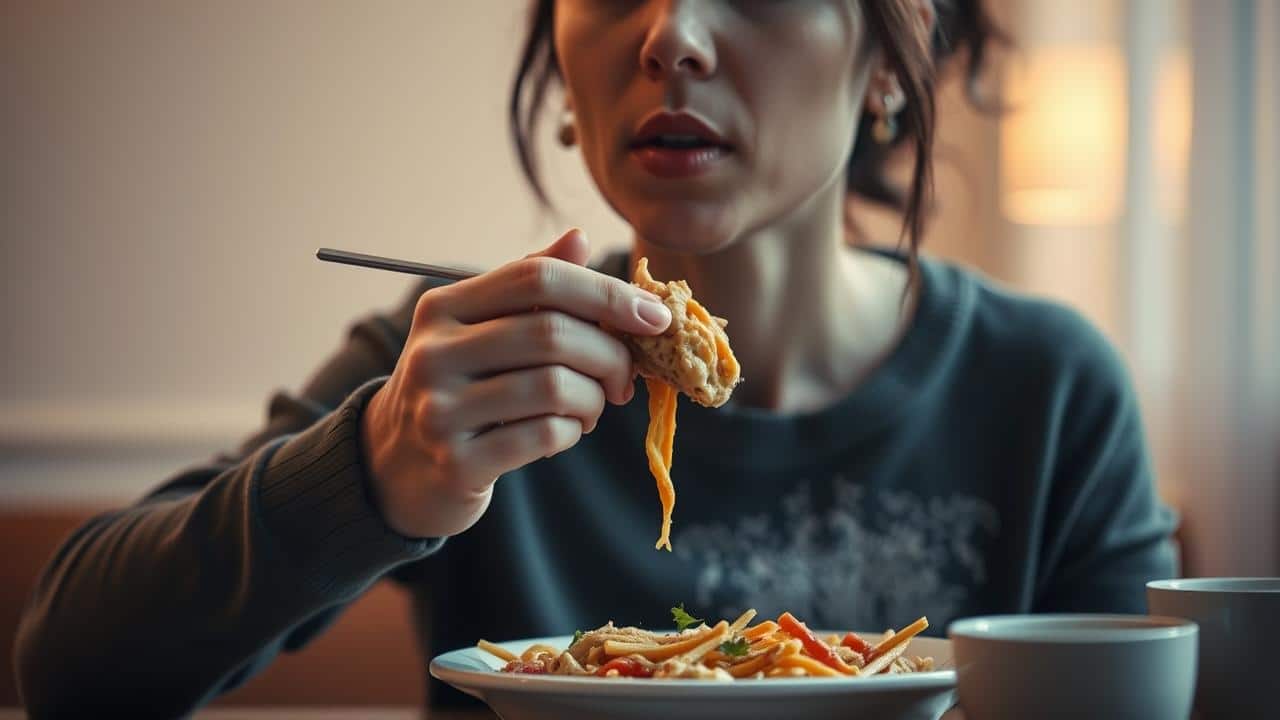 Pessoa praticando alimentação consciente, mastigando lentamente em ambiente calmo.