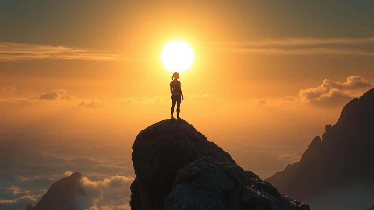 Pessoa resiliente sobre uma rocha observando um pôr do sol calmo após tempestade, simbolizando longevidade.