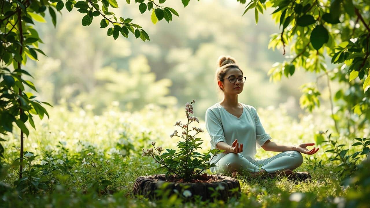Pessoas meditando em um ambiente natural tranquilo, com cores suaves e elementos naturais, simbolizando bem-estar.