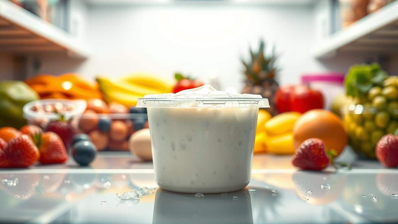 Pote de iogurte probiótico refrigerado em uma geladeira limpa e organizada.