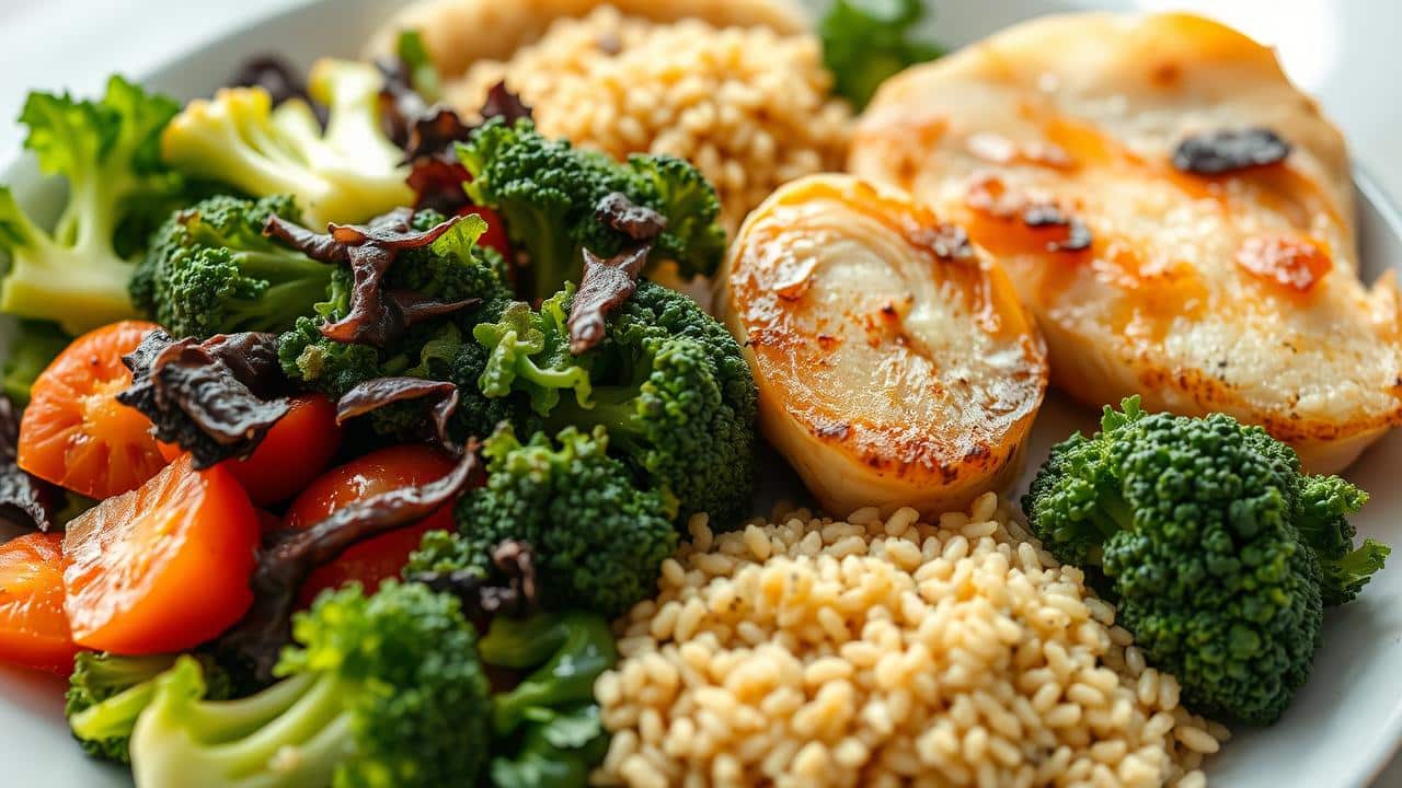 Prato de jantar equilibrado com vegetais, proteína magra e carboidratos complexos.