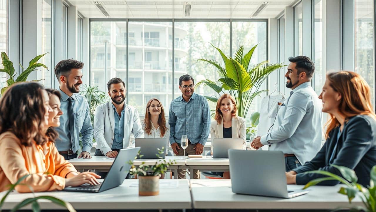 Profissionais diversos em um ambiente de trabalho moderno e saudável, simbolizando bem-estar e apoio mútuo.