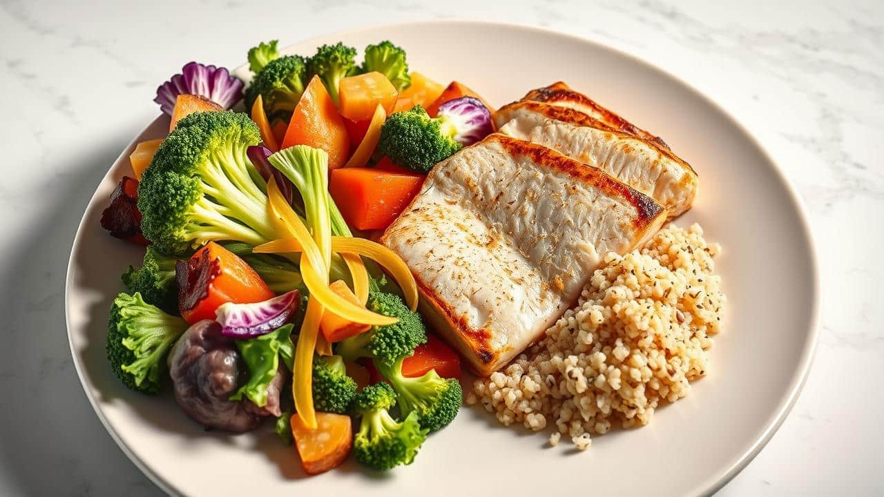 Refeição equilibrada com proteína magra, vegetais vibrantes e porção controlada de carboidratos complexos.