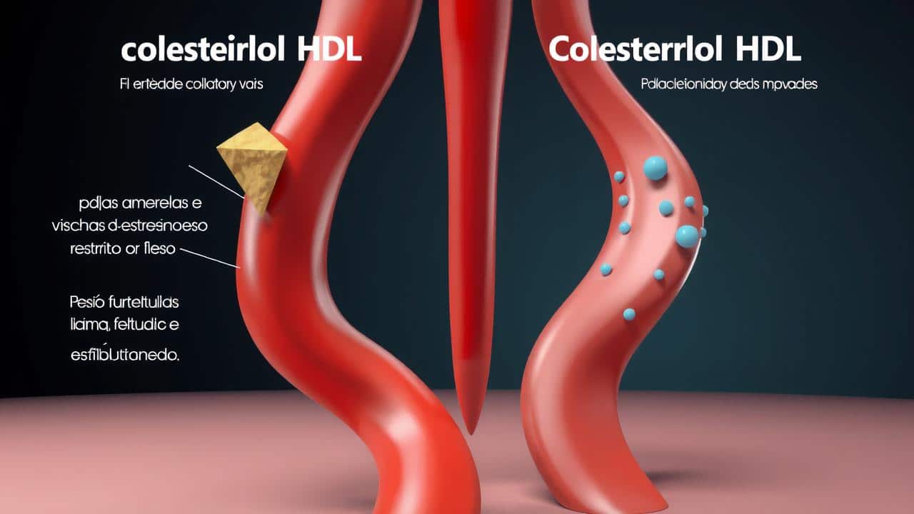 Representação 3D de artérias mostrando o acúmulo de placas de colesterol LDL e a ação de limpeza do colesterol HDL.