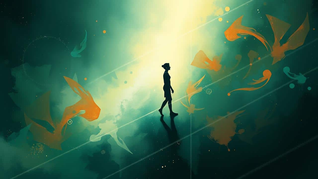 Representação abstrata da mente inconsciente, onde uma luz guia transforma áreas nebulosas em estruturas claras e positivas.