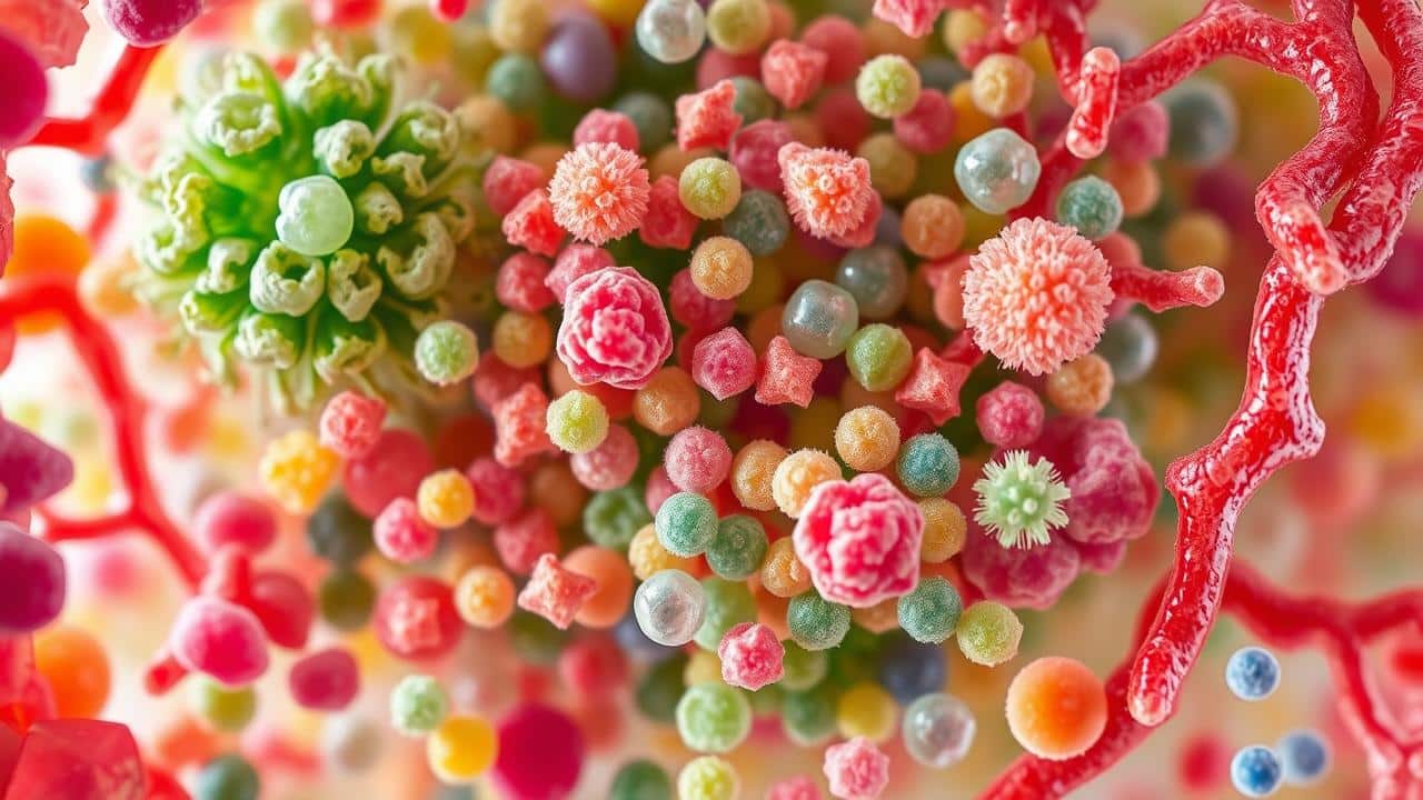 Representação artística do equilíbrio entre bactérias boas e ruins na microbiota intestinal.