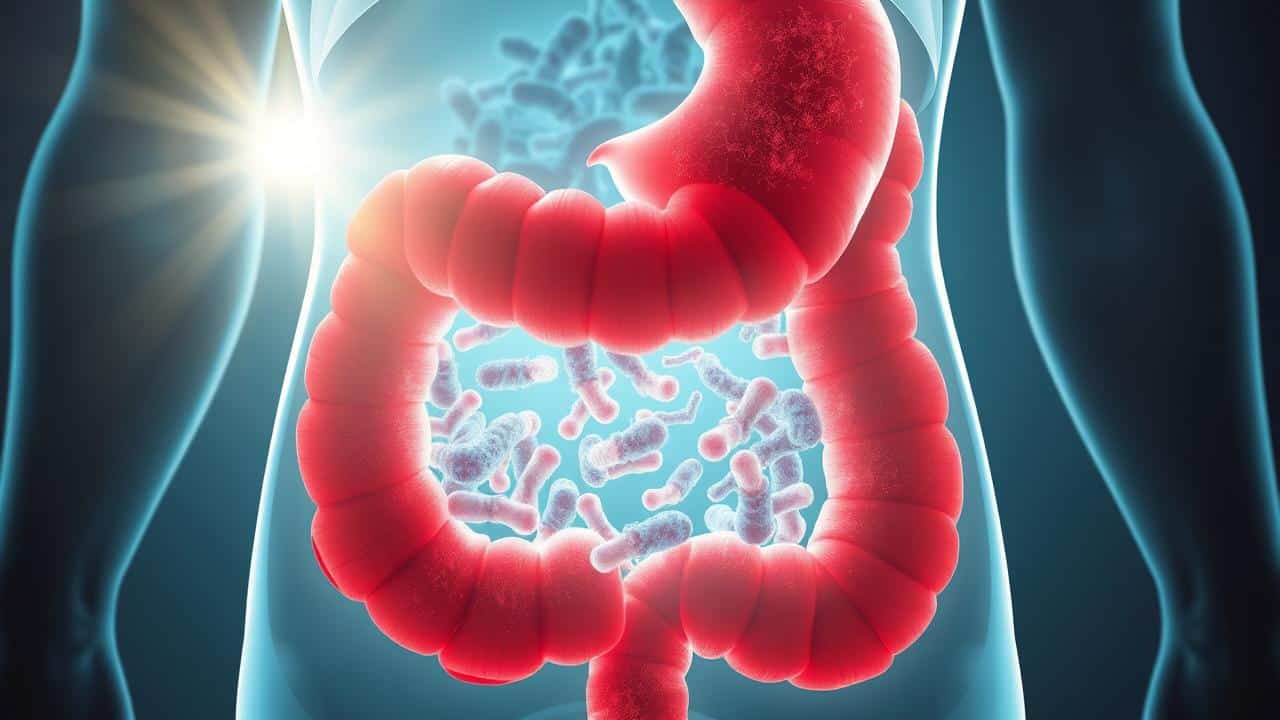 Representação artística e detalhada de bactérias benéficas equilibrando a flora em um intestino saudável.