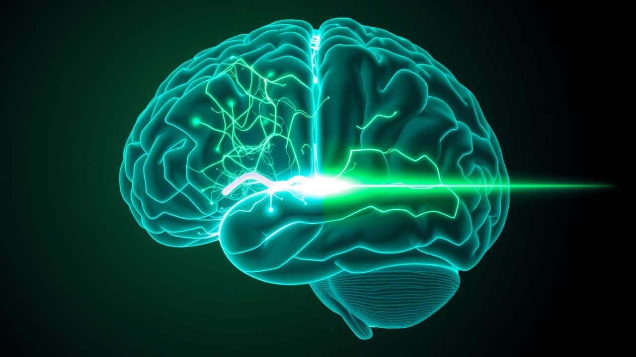 Representação estilizada de um cérebro mostrando a reprogramação mental, com caminhos neurais se tornando claros e luminosos, simbolizando bem-estar.