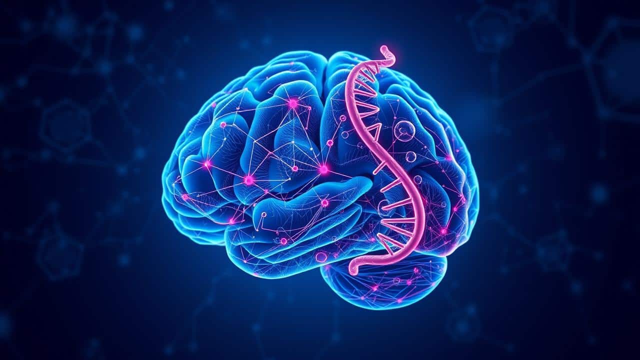 Representação neurobiológica do cérebro com circuitos neurais e hélice de DNA, simbolizando TDAH.