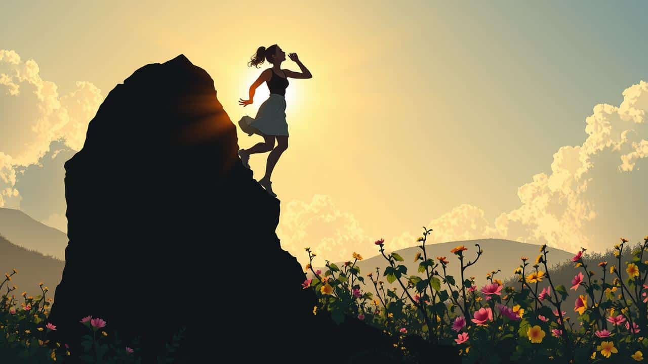 Silhueta de pessoa confiante em pico, cercada por flores, simbolizando autoestima e autoconfiança.