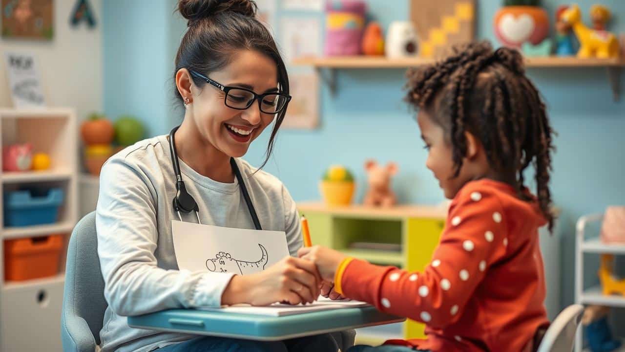 Terapeuta ocupacional auxiliando criança a colorir com ferramenta adaptada em consultório vibrante.