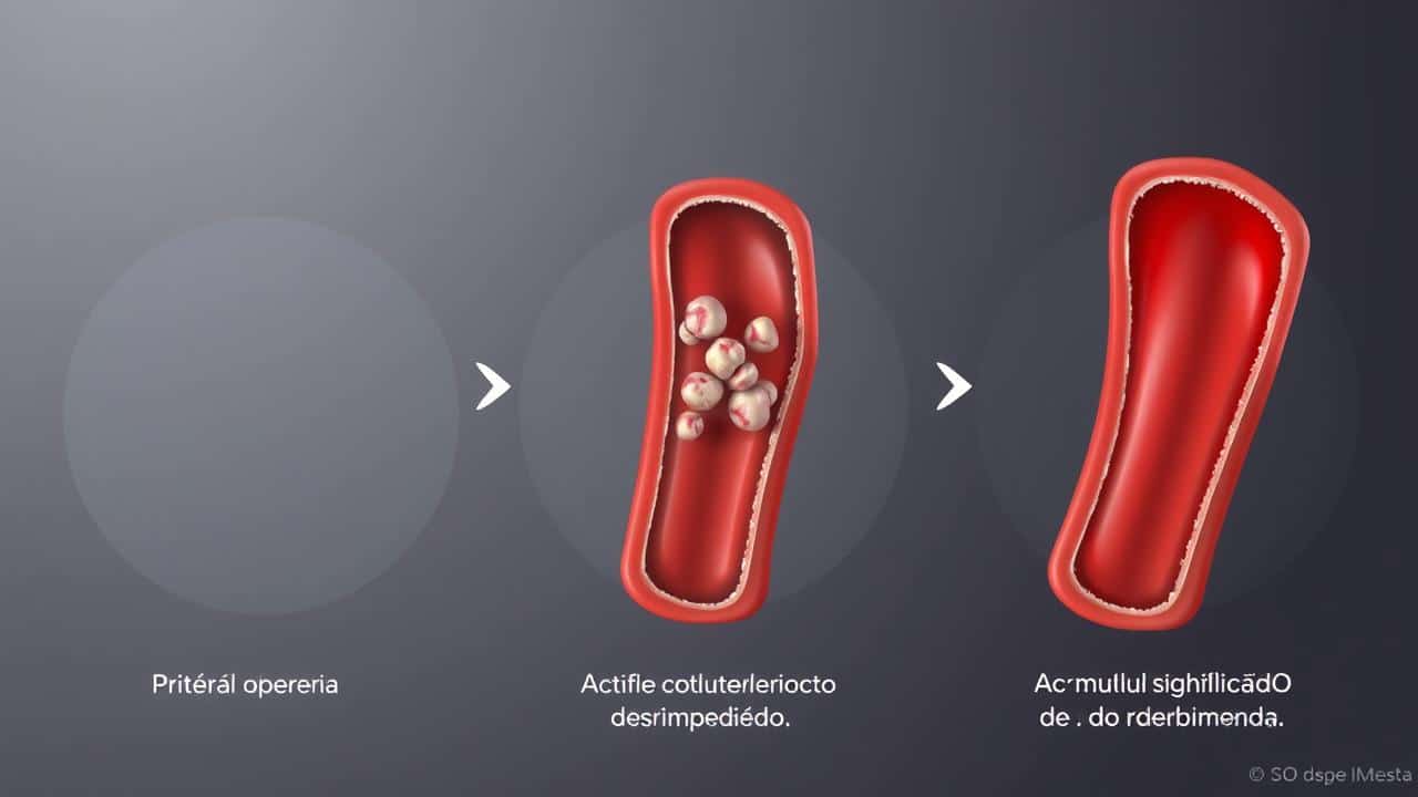 Estágios da aterosclerose: artéria saudável, placas, artéria obstruída.