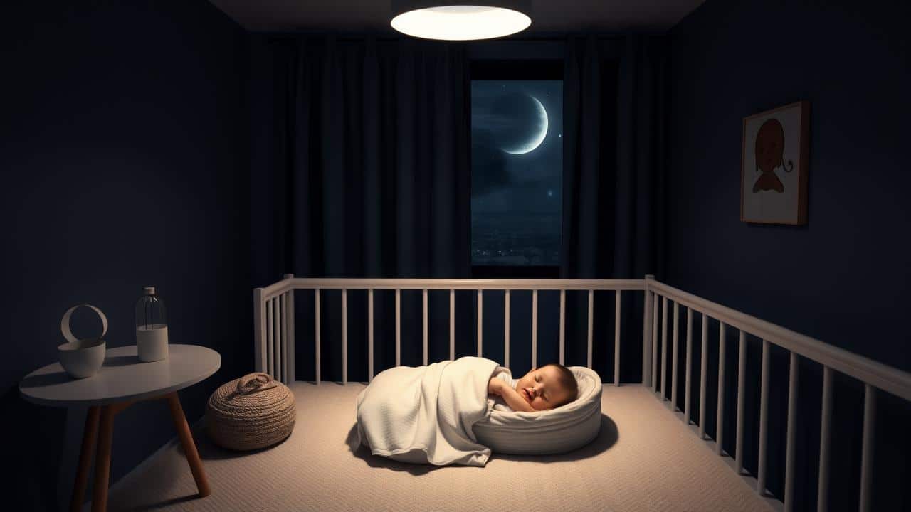 Quarto de bebê seguro e otimizado para o sono, com cortinas 'blackout', ruído branco e berço seguro.