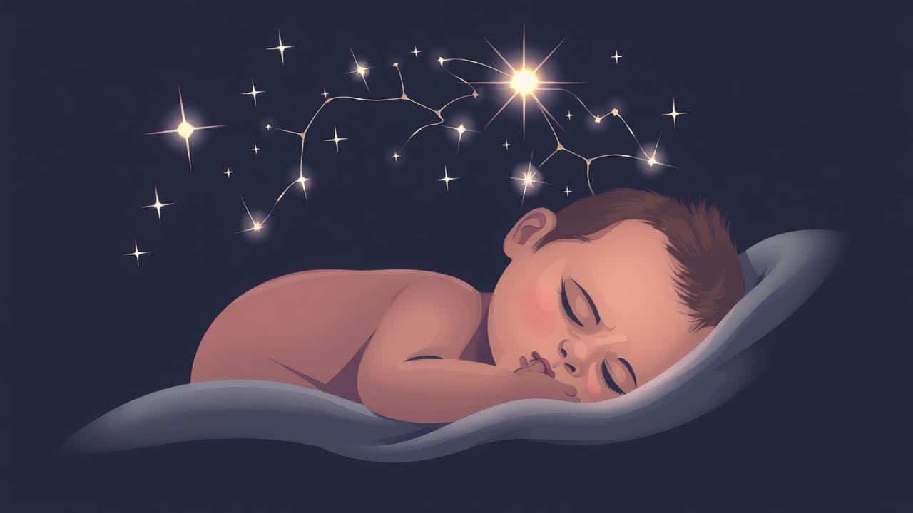 Ilustração de bebê dormindo com brilhos, simbolizando sono REM e atividade cerebral