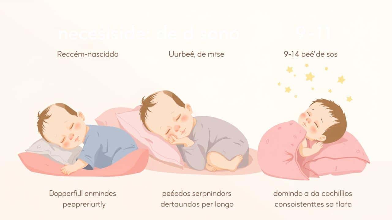 Ilustração de bebês de diferentes idades dormindo, representando suas necessidades de sono.