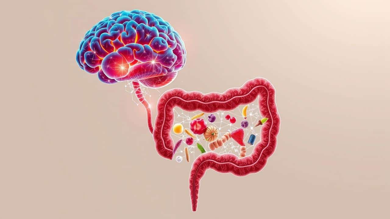 Imagem conceitual e sofisticada da conexão entre cérebro e intestino, com fibra neural e microbiota colorida, inspirando bem-estar.
