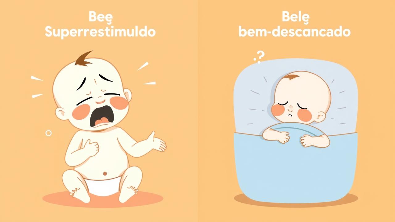 Contraste entre bebê superestimulado chorando e bebê bem-descansado dormindo serenamente.