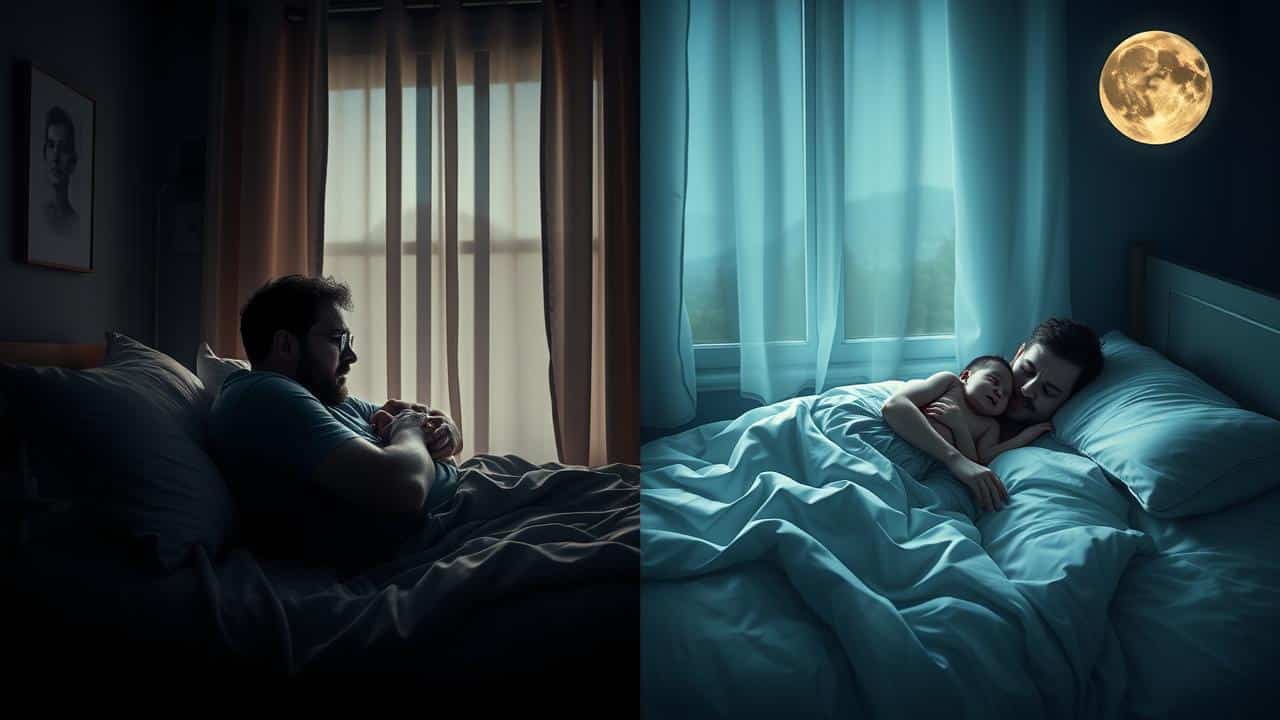 Pais exaustos com bebê chorando contrastam com família dormindo pacificamente à noite.