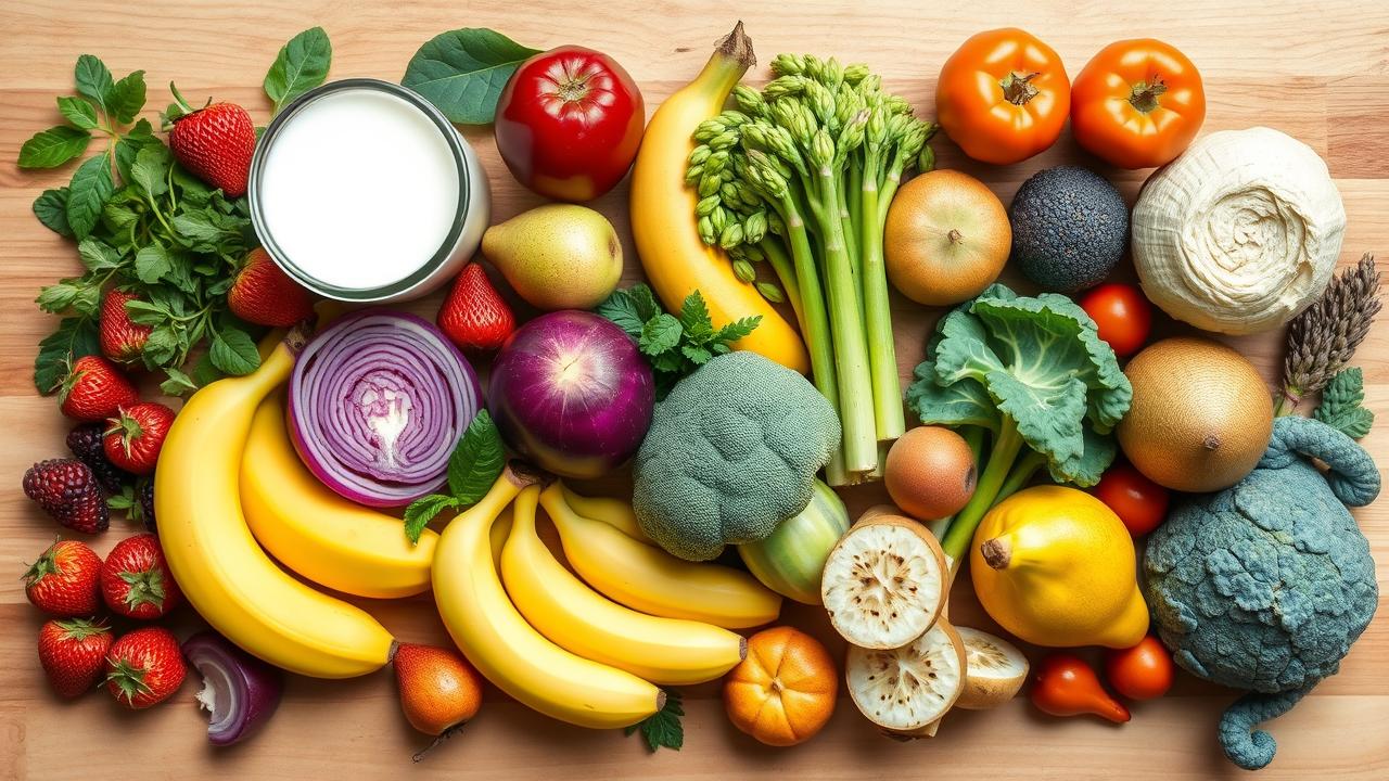 Seleção apetitosa de alimentos saudáveis para o intestino: probióticos, prebióticos, fibras e ômega-3, em estilo de fotografia culinária.