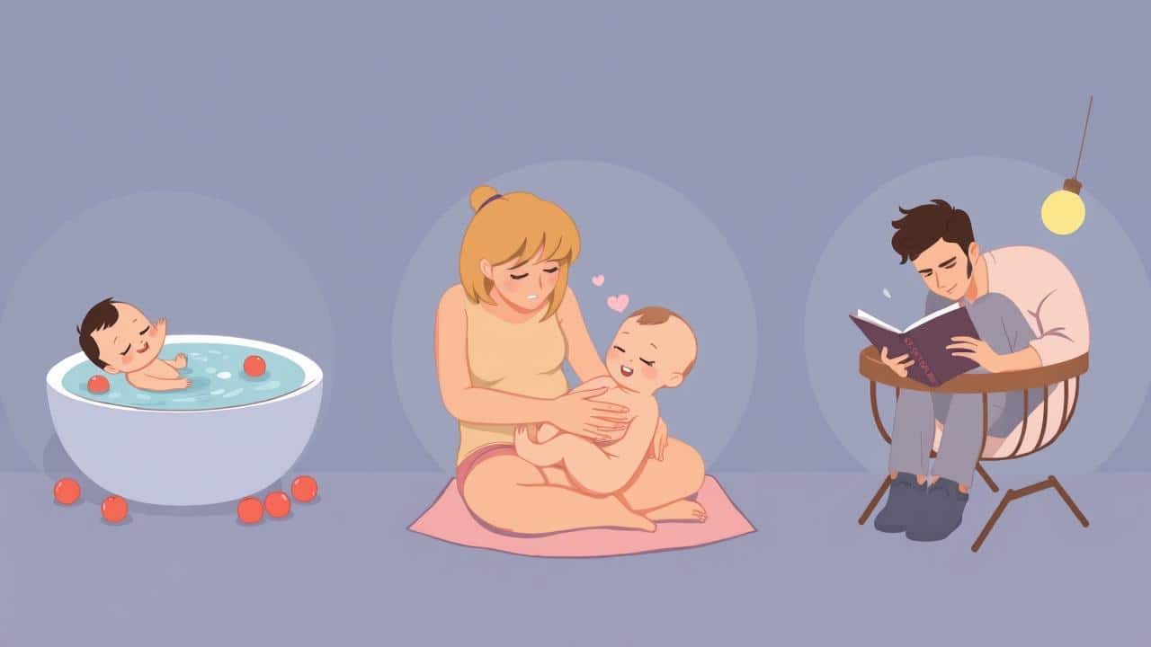 Sequência ilustrada de bebê tomando banho, recebendo massagem e ouvindo história antes de dormir.