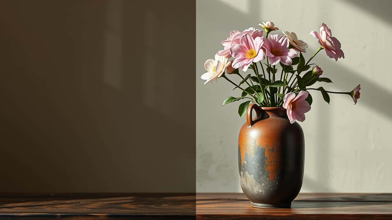 Vaso quebrado reparado com 'kintsugi' florescendo, simbolizando cura de trauma e luto.