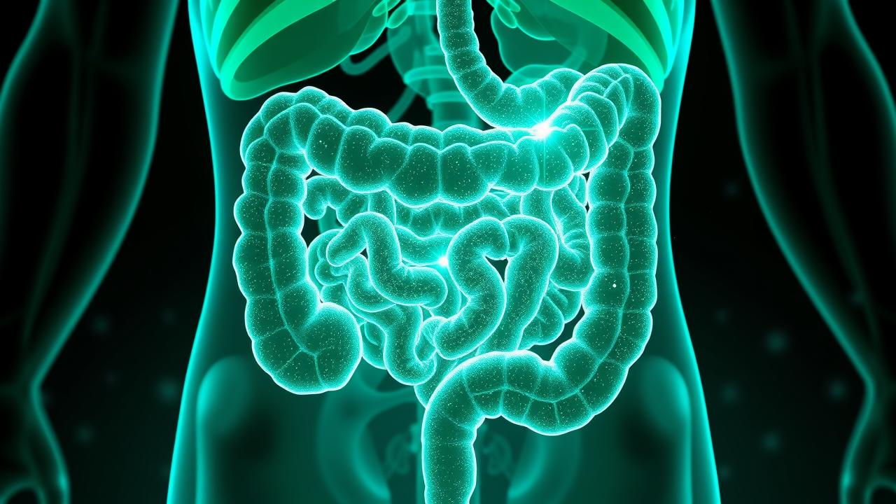 Visão interna de um intestino saudável, com probióticos fortalecendo a barreira imunológica.