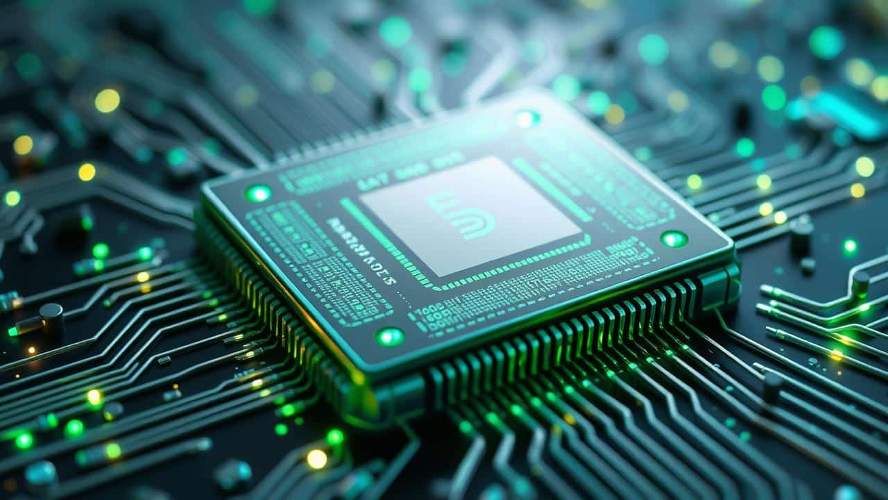 Visão macro de um BIOCHIP ou biossensor avançado, com microcanais e pontos de detecção brilhantes.
