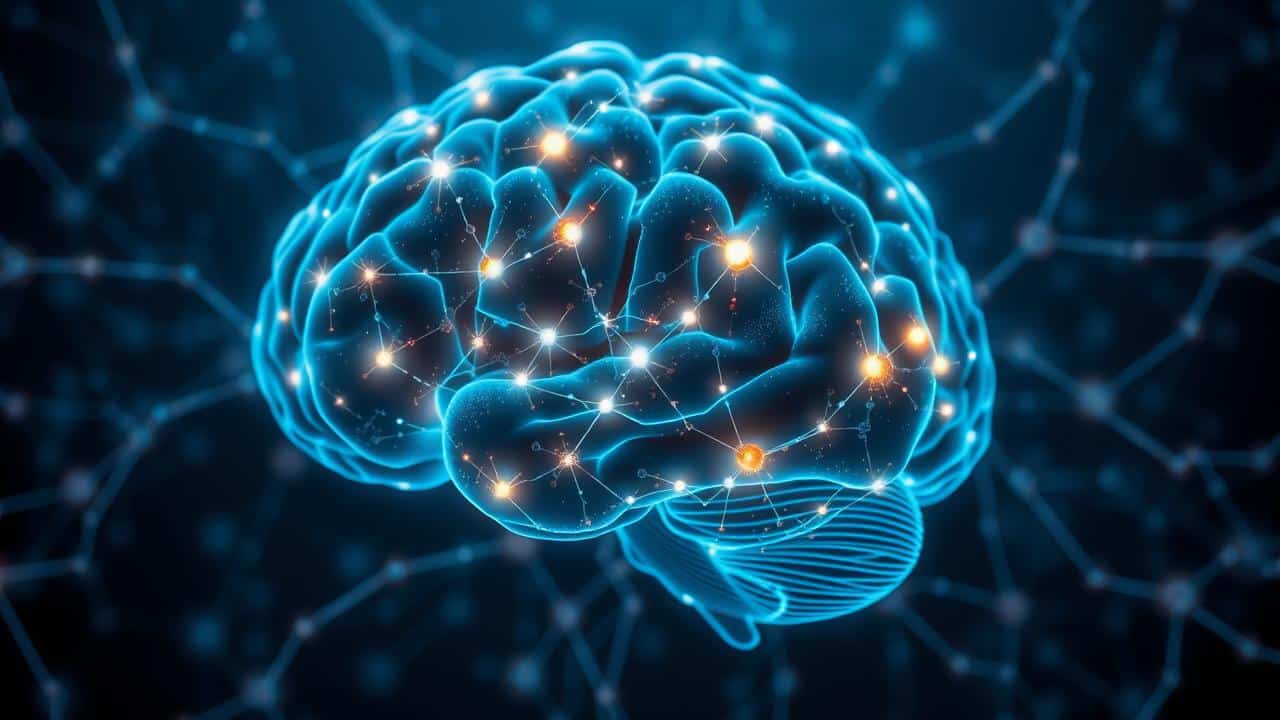 Visualização artística e abstrata de redes neurais cerebrais, destacando áreas relacionadas à neurobiologia do TDAH.
