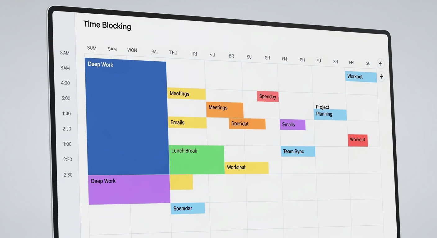 Exemplo visual de uma agenda com blocos de tempo (Time Blocking) no Google Calendar ou Outlook, demonstrando a organização de tarefas específicas do dia, reuniões e pausas.