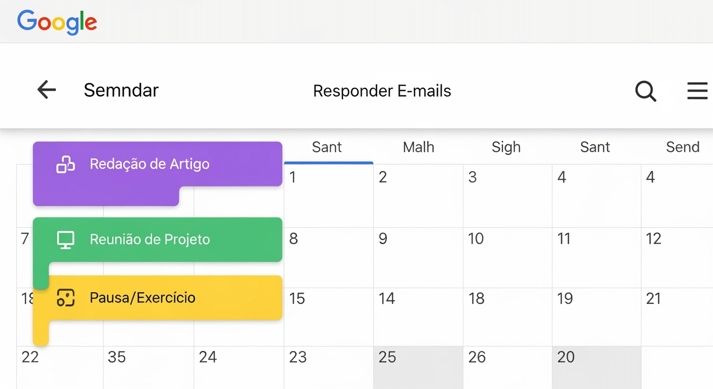 Screenshot de um Google Calendar semanal com blocos de tempo coloridos e nomeados, como '09:00-11:00: Redação de Artigo', '11:00-11:30: Responder E-mails', e '14:00-15:00: Reunião de Projeto'.