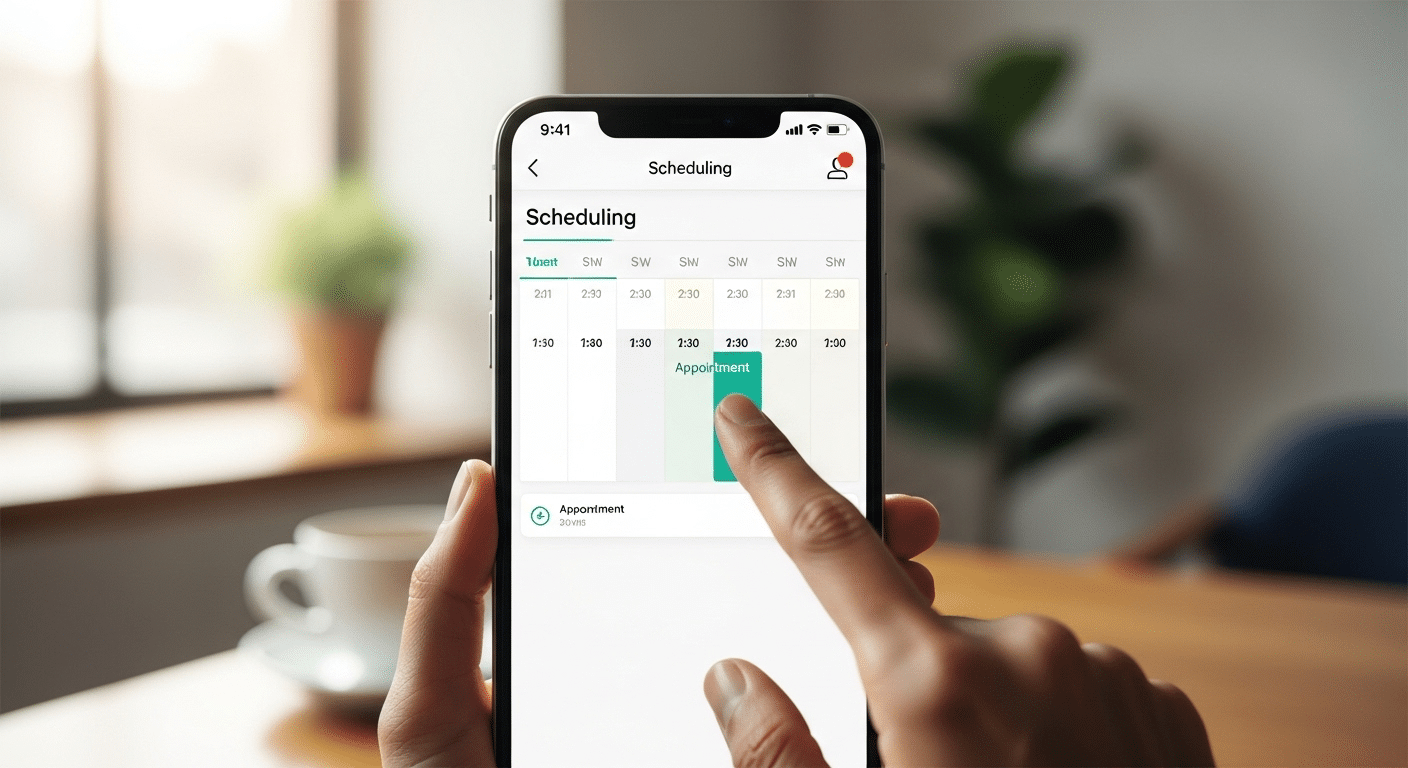 Interface de agendamento do Calendly vista por um convidado em um dispositivo móvel, mostrando datas e horários disponíveis.