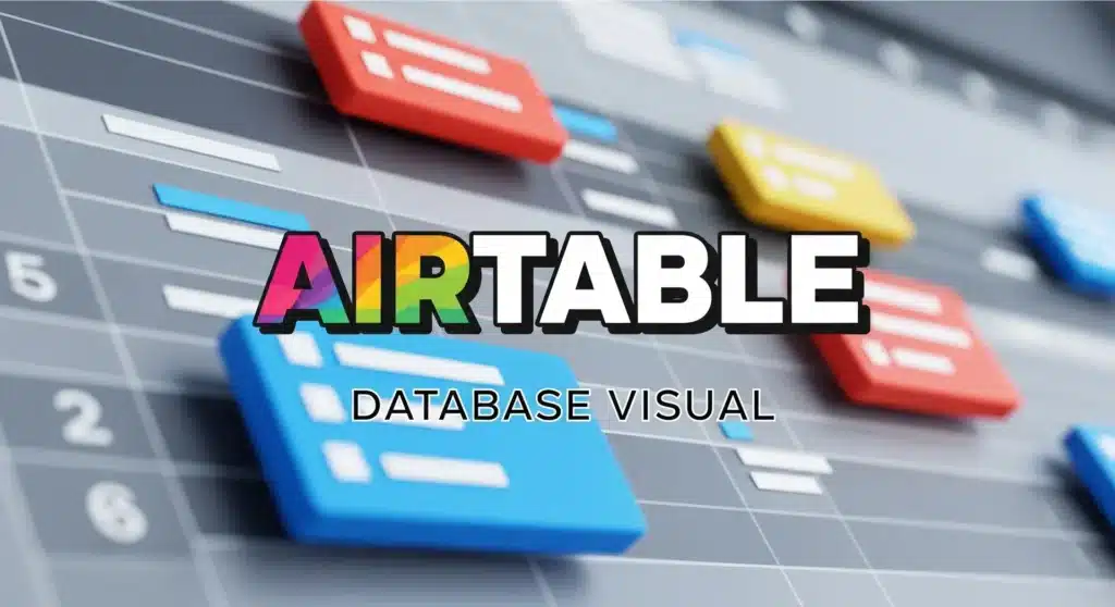 Thumbnail com texto "AIRTABLE DATABASE VISUAL" sobre grade de planilha com blocos de dados coloridos em design moderno