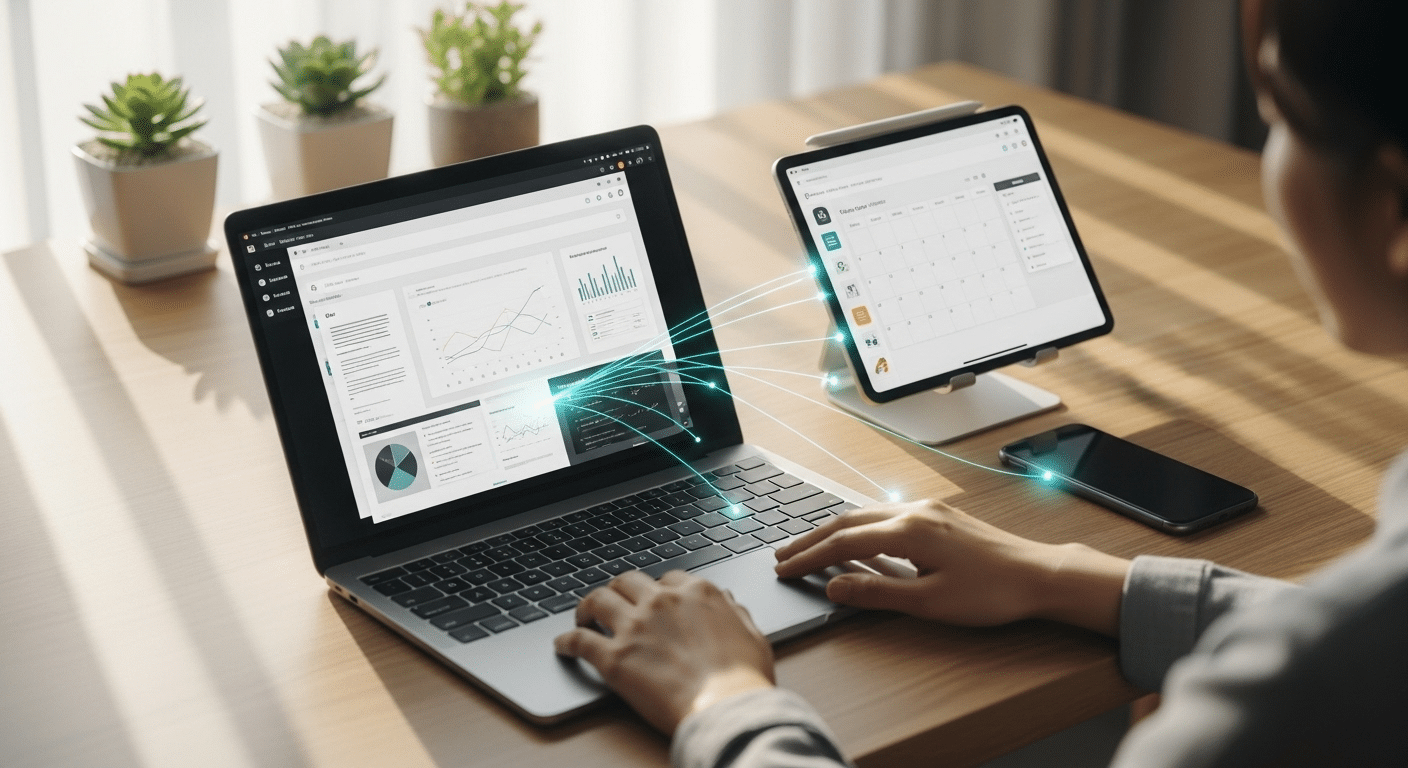 Ambiente digital organizado com dispositivos sincronizados.