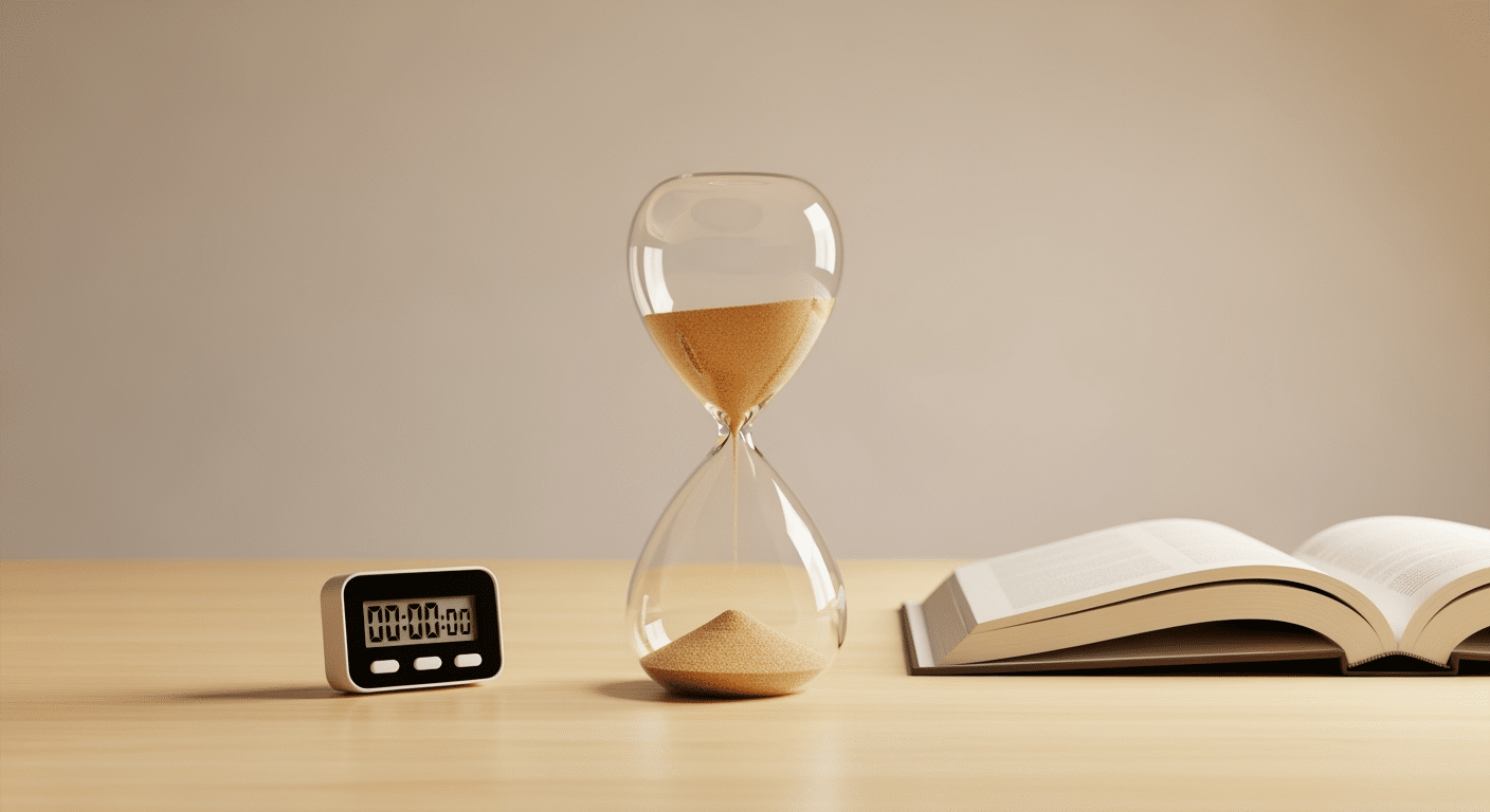 Ampulheta e timer simbolizando a gestão eficaz do tempo nos estudos, com foco em pausas e produtividade.