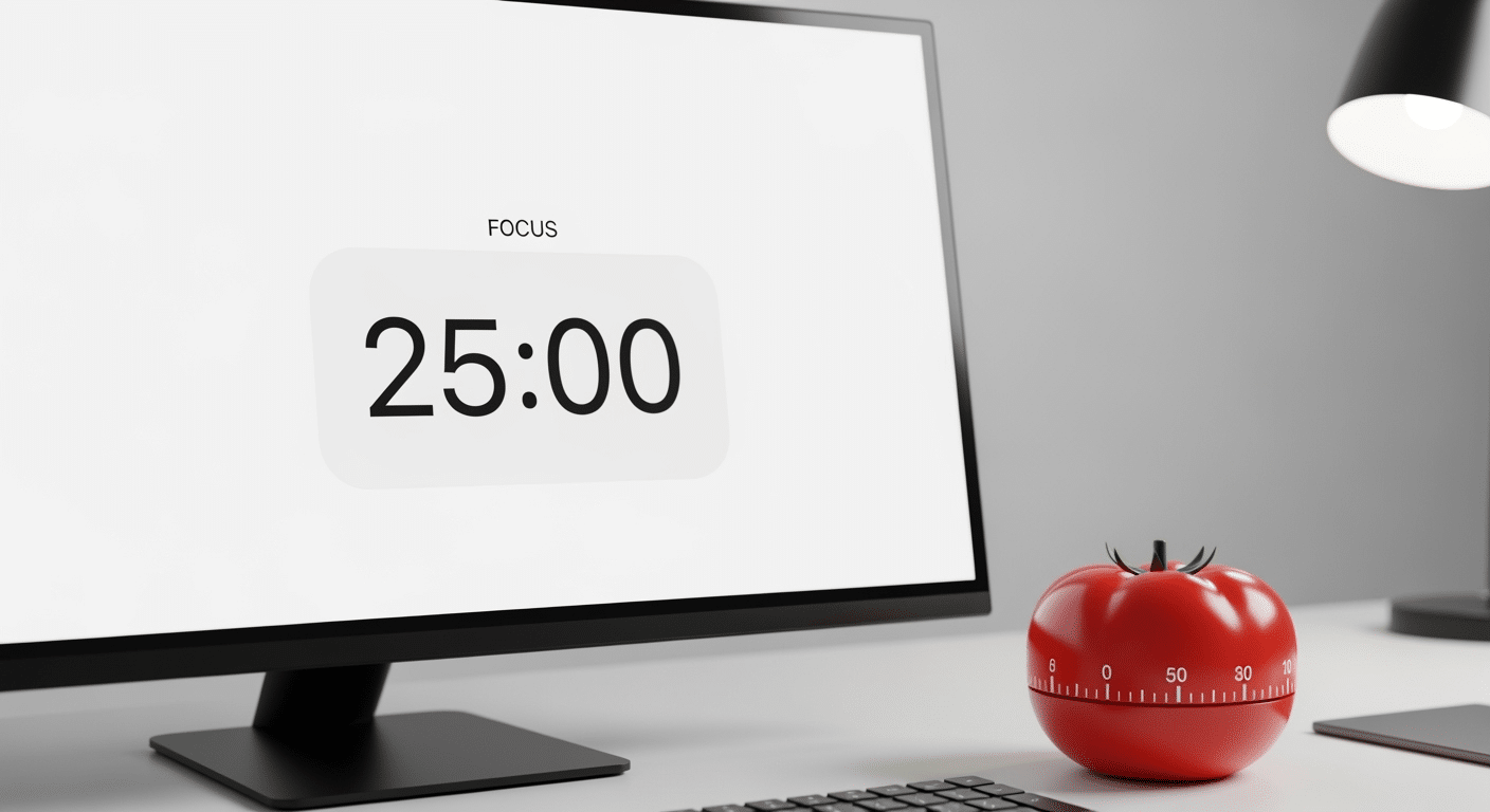 Captura de tela de um aplicativo de cronômetro Pomodoro em uso, mostrando os tempos de foco e pausa.