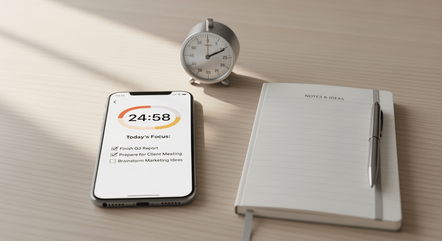 Captura de tela do aplicativo Focus To-Do mostrando um timer Pomodoro em execução e uma lista de tarefas.