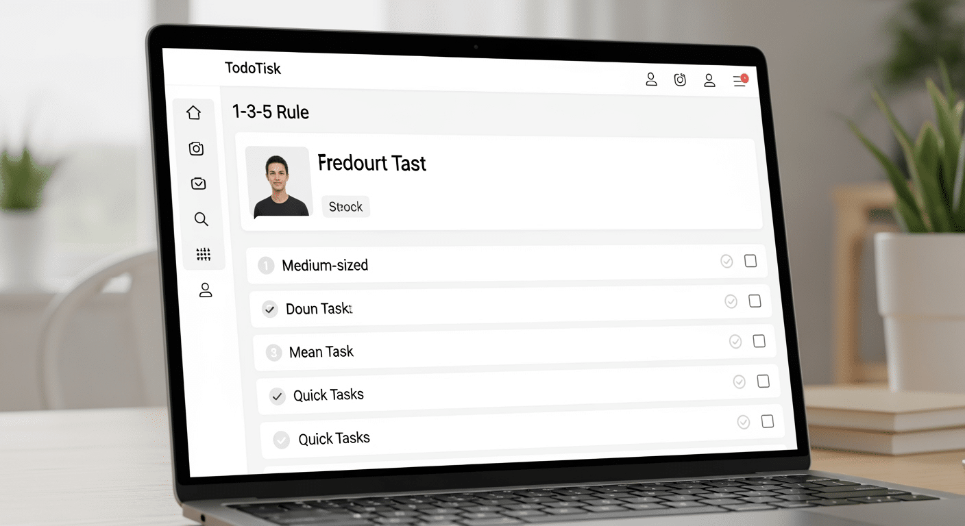 Captura de tela de um aplicativo de lista de tarefas simples mostrando a aplicação da Regra 1-3-5 com 1 tarefa grande, 3 médias e 5 pequenas claramente separadas.