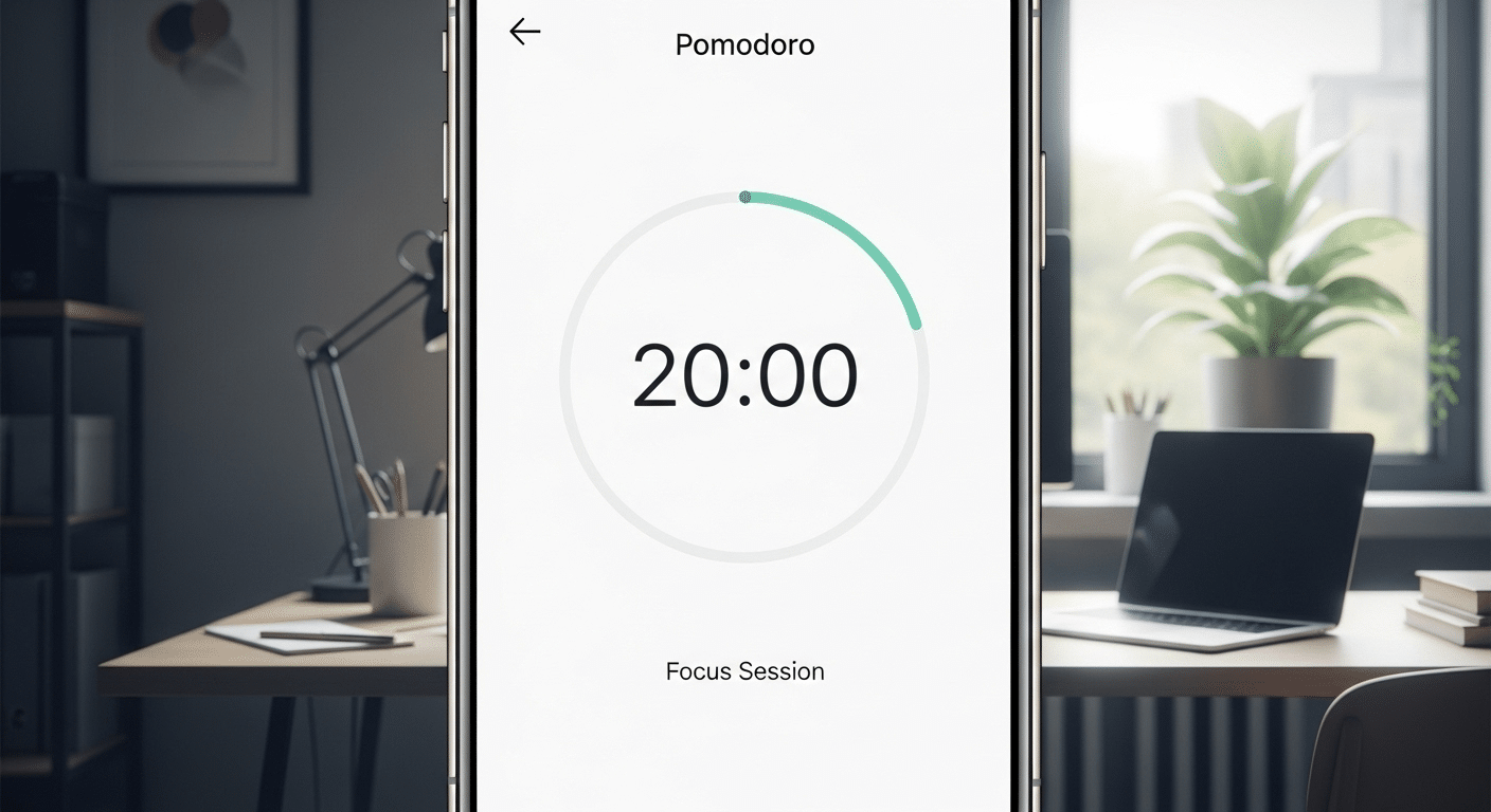 Screenshot de um aplicativo de timer Pomodoro em uso, mostrando o tempo restante para um timebox de foco.