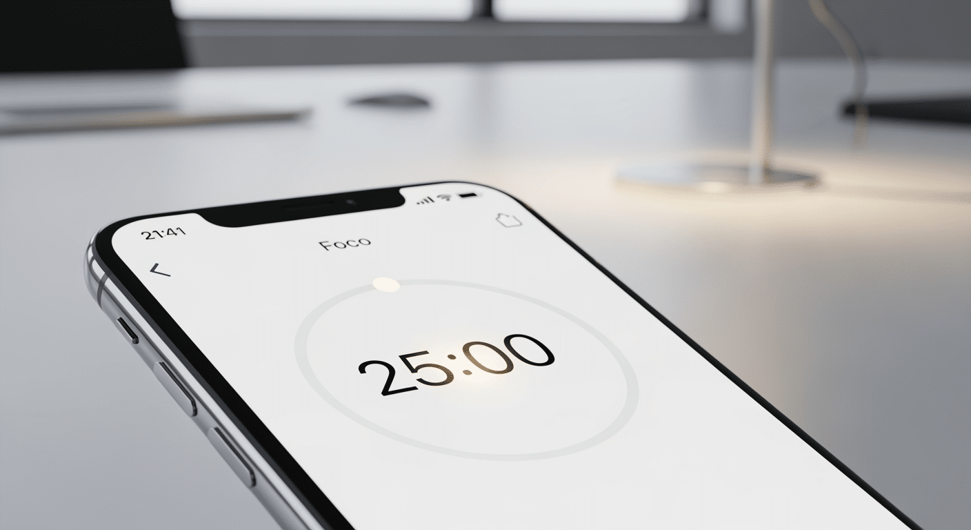 Screenshot de um aplicativo de timer Pomodoro rodando, mostrando a contagem regressiva de 25 minutos para uma sessão de trabalho focado.