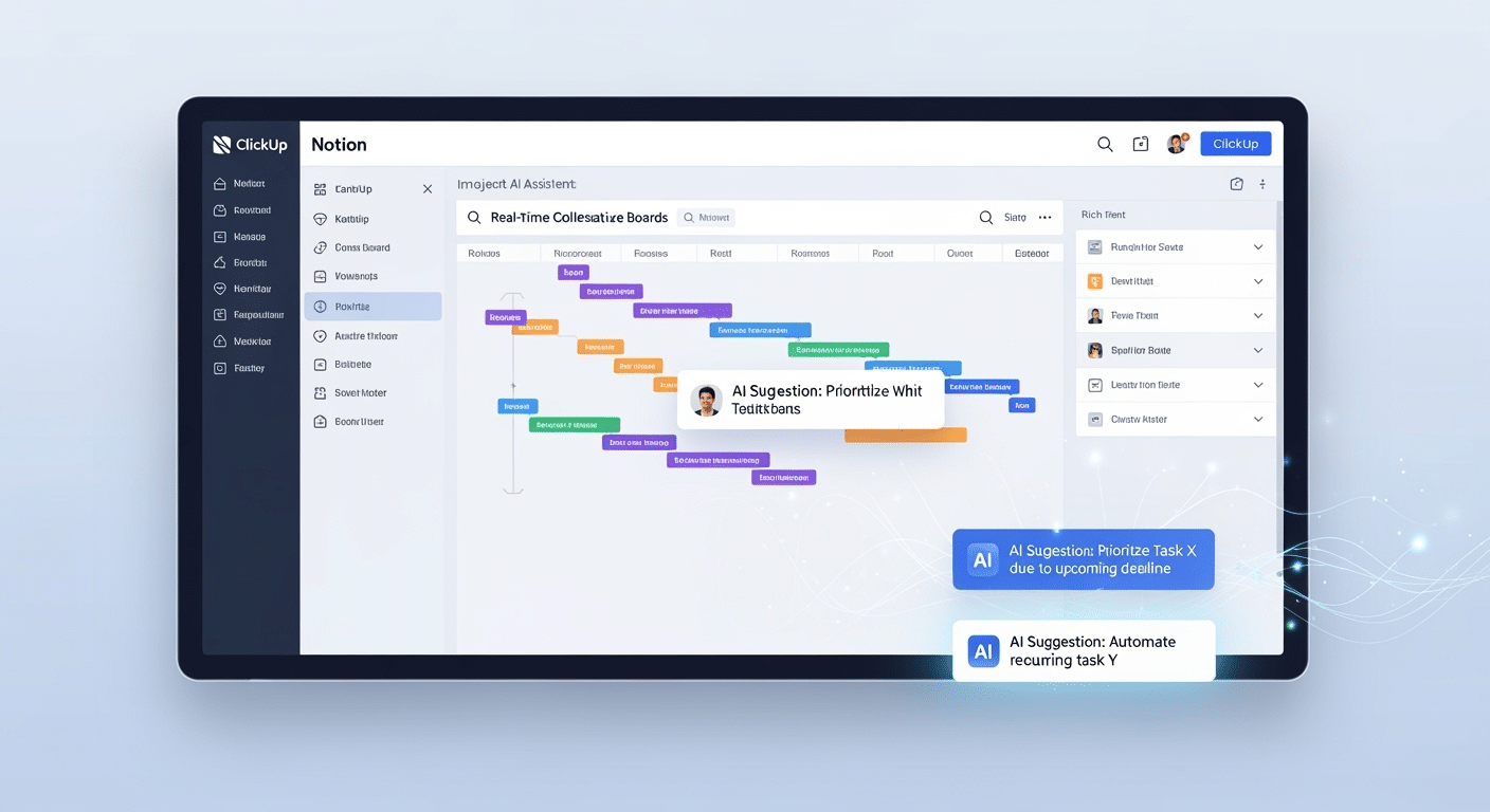 Interface de um aplicativo multiuso como Notion ou ClickUp mostrando recursos de colaboração, automação e integração de IA, como um assistente de IA sugerindo tarefas ou organizando dados.