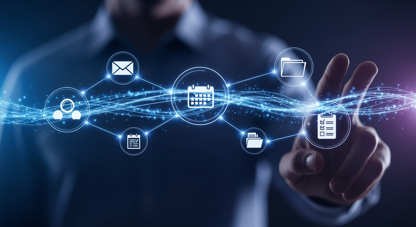 Ilustração de automação inteligente com IA, simbolizando a integração de sistemas e processos.