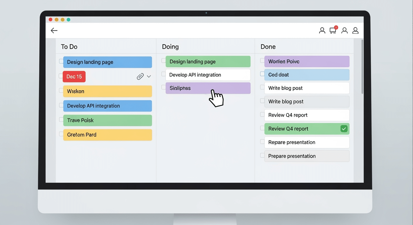 Captura de tela de um board Kanban no Trello, exemplificando o fluxo 'A Fazer', 'Em Andamento' e 'Concluído' com cartões de tarefas.