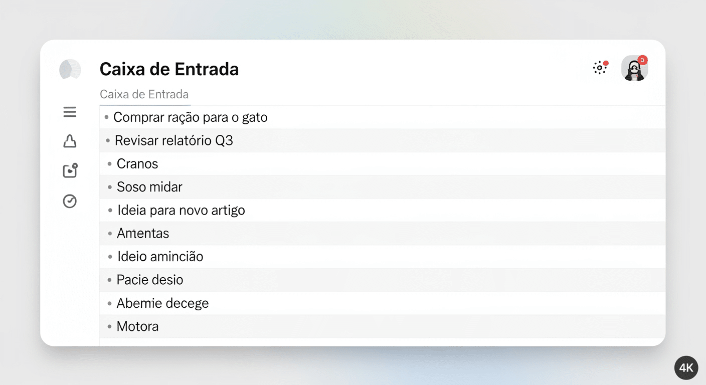 Captura de tela de uma caixa de entrada no Notion, baseada no método GTD, com vários itens de tarefas e ideias a serem processados.