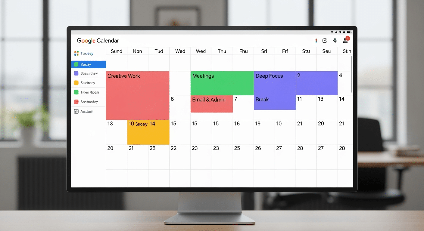 Visualização de um calendário digital como Google Calendar ou Outlook com blocos de tempo coloridos e claramente definidos para diferentes tipos de tarefas, como 'Reunião de Equipe', 'Foco na Escrita', 'Respostas de E-mail'.
