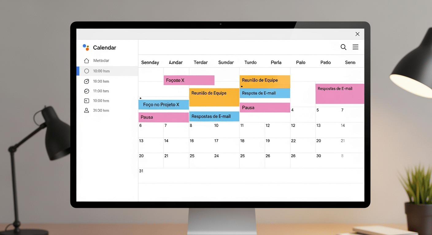 Print de um calendário digital (Google Calendar ou Outlook Calendar) com blocos de tempo coloridos e rotulados para diferentes atividades (ex: 'Foco no Projeto X', 'Reunião de Equipe', 'Respostas de E-mail', 'Pausa').